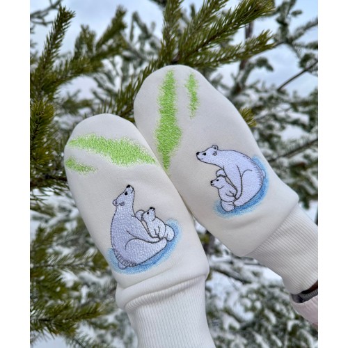 Файл вышивки Варежки "Белые медведи и северное сияние"