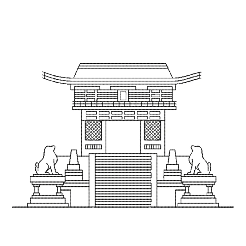 Японские ворота с лестницей и львами — line art