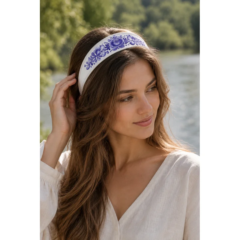 Ободок гжель— Gzhel Floral Headband Embroidery | цветочный узор